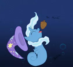 Size: 1280x1182 | Tagged: safe, artist:magiermacht, derpibooru import, trixie, sea pony, seahorse, unicorn, eyes closed, female, pinecone, solo, species swap, trixie eating pinecones, underwater