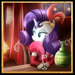 Size: 1000x1000 | Tagged: safe, artist:madmax, derpibooru import, rarity, pony, unicorn, chair, clothes, dress, drink, eiffel tower, fancy, feather, female, glass, lamp, lidded eyes, mare, paris, sitting, solo, wine, wine glass