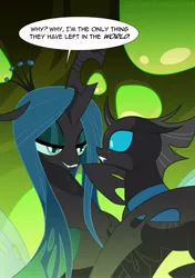 Size: 1215x1722 | Tagged: safe, artist:tarajenkins, derpibooru import, queen chrysalis, changeling, changeling queen, cupidite, changeling hive, dialogue, duo, female, floppy ears, holding a changeling, image, jpeg, lidded eyes, smiling, speech bubble, tumblr link