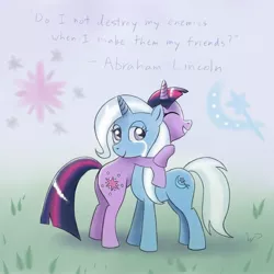 Size: 1660x1660 | Tagged: safe, artist:wdeleon, derpibooru import, trixie, twilight sparkle, pony, unicorn, abraham lincoln, crying, cutie mark background, duo, duo female, female, hug, mare, smiling