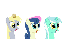 Size: 570x300 | Tagged: safe, artist:tomdantherock, derpibooru import, bon bon, derpy hooves, lyra heartstrings, sweetie drops, earth pony, pegasus, pony, unicorn, animated, female, gif, headbob, mare, muffin, open mouth, simple background, transparent background, trio