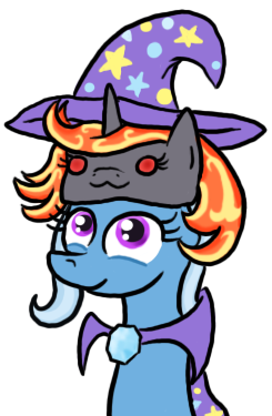 Size: 245x375 | Tagged: safe, artist:paper-pony, derpibooru import, trixie, oc, oc:incendia, pony, unicorn, fanfic:antipodes, :3, chibi, clothes, cute, female, hat, looking at you, mare, robe, simple background, smiling, transparent background