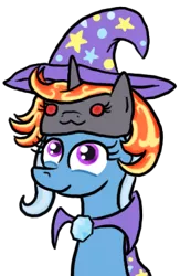 Size: 245x375 | Tagged: safe, artist:paper-pony, derpibooru import, trixie, oc, oc:incendia, pony, unicorn, fanfic:antipodes, :3, chibi, clothes, cute, female, hat, looking at you, mare, robe, simple background, smiling, transparent background