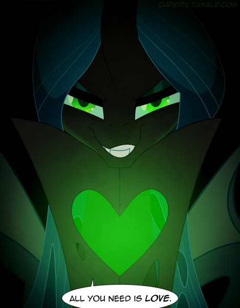 Size: 1315x1683 | Tagged: safe, artist:tarajenkins, derpibooru import, queen chrysalis, changeling, changeling queen, cupidite, dialogue, female, image, jpeg, lidded eyes, looking at you, narrowed eyes, smiling, smirk, solo, speech bubble, tumblr link