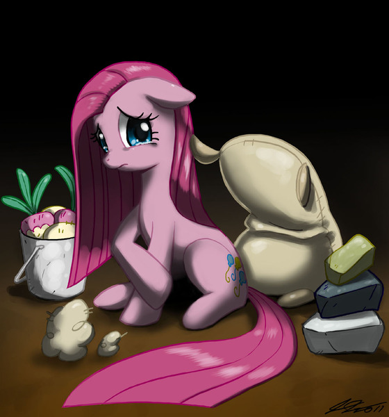 Size: 1020x1093 | Tagged: safe, artist:johnjoseco, derpibooru import, madame le flour, mr. turnip, pinkie pie, rocky, sir lintsalot, earth pony, pony, party of one, crying, female, mare, photoshop, pinkamena diane pie, sad