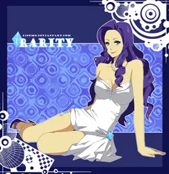 Size: 724x746 | Tagged: abstract background, artist:lisemo, breasts, clothes, derpibooru import, dress, female, high heels, human, humanized, rarity, safe, shoes, sitting, solo
