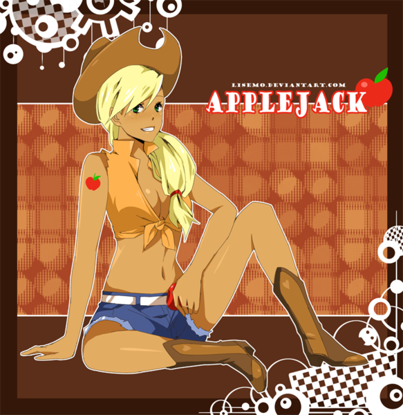 Size: 746x768 | Tagged: abstract background, applejack, applejack's hat, artist:lisemo, belly button, boots, breasts, busty applejack, cowboy boots, cowboy hat, derpibooru import, female, hat, human, humanized, midriff, safe, sitting, solo