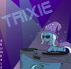 Size: 900x875 | Tagged: safe, artist:skunk412, derpibooru import, trixie, pony, unicorn, disc jockey, dj-tri-x-13, female, grin, mare, smiling, solo, sunglasses, turntable