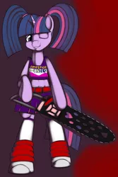 Size: 900x1350 | Tagged: artist:kloudmutt, chainsaw, clothes, derpibooru import, female, gradient background, grin, juliet starling, lollipop chainsaw, one eye closed, pigtails, safe, semi-anthro, skirt, socks, solo, suda51, twilight sparkle