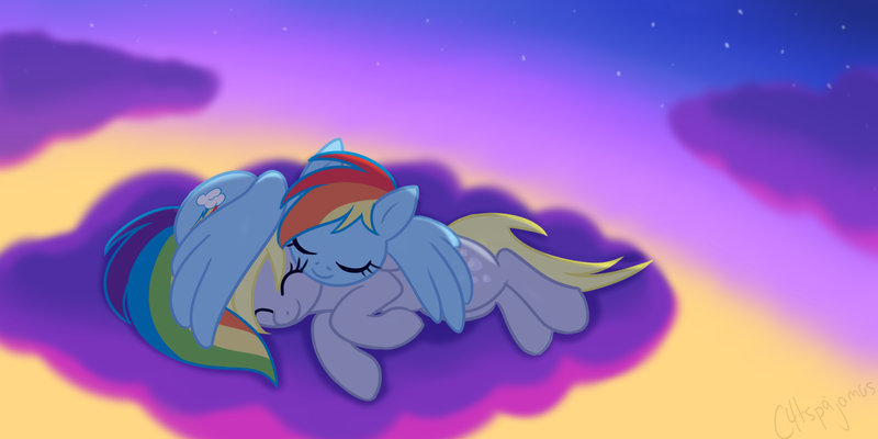 Size: 2000x1000 | Tagged: safe, artist:calicopikachu, derpibooru import, derpy hooves, rainbow dash, pegasus, pony, cloud, cloudy, cuddling, cute, dashabetes, derpabetes, derpydash, eyes closed, female, hooves, hug, lesbian, lying on a cloud, mare, on a cloud, prone, shipping, side, sleeping, smiling, wing blanket, winghug, wings