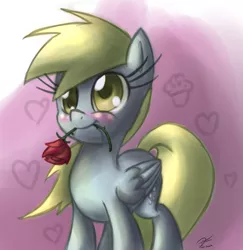 Size: 2083x2142 | Tagged: safe, artist:leadhooves, derpibooru import, derpy hooves, pegasus, pony, cute, derpabetes, female, flower, flower in mouth, high res, mare, mouth hold, rose, smiling, solo