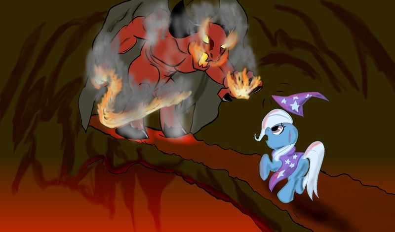 Size: 1700x1000 | Tagged: artist needed, source needed, safe, derpibooru import, trixie, balrog, pony, unicorn, action, bridge, clothes, crossover, duo, female, fire, hat, lord of the rings, mare, monster, robe, scared, trixie's cape, trixie's hat