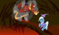 Size: 1700x1000 | Tagged: artist needed, source needed, safe, derpibooru import, trixie, balrog, pony, unicorn, action, bridge, clothes, crossover, duo, female, fire, hat, lord of the rings, mare, monster, robe, scared, trixie's cape, trixie's hat