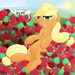Size: 1000x1000 | Tagged: safe, artist:thatdumbwolf, derpibooru import, applejack, earth pony, pony, apple, female, floppy ears, hatless, mare, missing accessory, on back, pile, slut, solo, that pony sure does love apples