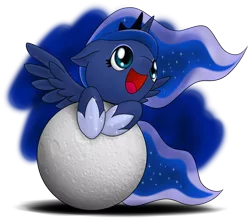 Size: 800x700 | Tagged: safe, artist:stardustxiii, derpibooru import, princess luna, alicorn, pony, female, filly, floppy ears, foal, happy, moon, solo, tangible heavenly object