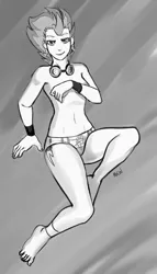 Size: 858x1500 | Tagged: anklet, artist:mew, barefoot, bedroom eyes, bracelet, breasts, clothes, covering, cutie mark on human, cutie mark underwear, derpibooru import, earring, feet, female, goggles, human, humanized, looking at you, monochrome, nudity, panties, smiling, solo, solo female, spitfire, suggestive, topless, underwear