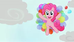 Size: 4859x2733 | Tagged: safe, artist:minimoose772, derpibooru import, pinkie pie, earth pony, pony, balloon, female, flying, happy, mare, photoshop, solo, then watch her balloons lift her up to the sky, wallpaper