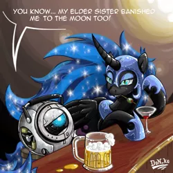 Size: 600x600 | Tagged: safe, artist:don-ko, derpibooru import, nightmare moon, alicorn, pony, alcohol, bar, beer, cocktail glass, conversation, crossover, curved horn, duo, female, food, horn, mare, personality core, portal (valve), wheatley