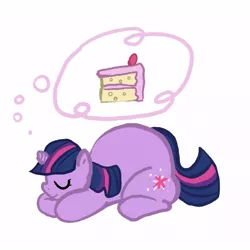 Size: 600x600 | Tagged: safe, artist:envy, derpibooru import, twilight sparkle, pony, unicorn, cake, fat, female, mare, prone, simple background, sleeping, solo, thought bubble, twilard sparkle, white background