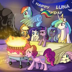 Size: 1500x1500 | Tagged: safe, artist:madmax, derpibooru import, applejack, fluttershy, pinkie pie, princess celestia, princess luna, rainbow dash, rarity, twilight sparkle, alicorn, earth pony, pegasus, pony, unicorn, banner, birthday, birthday cake, cake, candle, eyes closed, female, fire, glare, gritted teeth, hiding, mare, mouth hold, on fire, open mouth, s1 luna, smiling, smoke, this will end in fire, wink