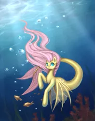 Size: 1573x2000 | Tagged: artist:nyarmarr, bubble, crepuscular rays, derpibooru import, female, fish, fluttershy, hippocampus, merpony, safe, solo, species swap, underwater, watershy