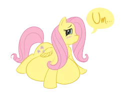 Size: 1106x840 | Tagged: safe, artist:okiedokielowkey, derpibooru import, fluttershy, pegasus, pony, belly, blushing, fat, fattershy, female, impossibly large belly, mare, simple background, solo