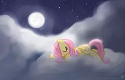 Size: 1139x729 | Tagged: safe, artist:sorcerushorserus, derpibooru import, fluttershy, pegasus, pony, cloud, cloudy, cute, cutie mark, eyes closed, female, full moon, hooves, lying on a cloud, mare, mare in the moon, moon, night, night sky, on a cloud, prone, shyabetes, sky, sleeping, solo, stars, wings