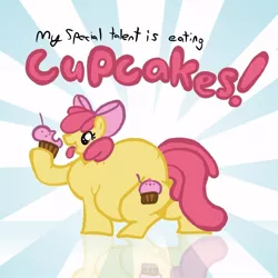 Size: 650x650 | Tagged: safe, artist:envy, derpibooru import, apple bloom, earth pony, pony, series:ask chubby apple bloom [cupcake eating pony], abstract background, alternate cutie mark, apple blob, cupcake, fat, female, filly, food, image, jpeg