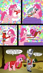Size: 800x1336 | Tagged: safe, artist:omny87, derpibooru import, pinkie pie, zecora, earth pony, pony, zebra, abstract background, cake, candy, comic, duo, duo female, eating, female, ice cream, impossibly long tongue, lollipop, magazine, mare, reading, slice of life