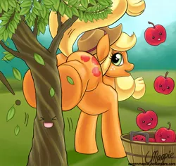 Size: 750x708 | Tagged: dead source, safe, artist:laurenmagpie, derpibooru import, applejack, earth pony, pony, apple, applebucking thighs, applejack mid tree-buck facing the right with 3 apples falling down, applejack mid tree-buck with 3 apples falling down, bucking, female, mare, photoshop, plot, solo