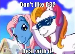 Size: 500x360 | Tagged: safe, derpibooru import, edit, edited screencap, screencap, minty, sunny daze (g3), earth pony, pony, a very minty christmas, deal with it, duo, duo female, female, g3, image macro, mare, sunglasses