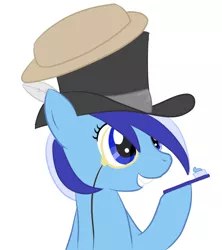 Size: 806x907 | Tagged: dead source, safe, artist:fribox, derpibooru import, minuette, pony, unicorn, brilliant, feather, female, hat, mare, monocle, simple background, smiling, solo, toothbrush, toothpaste, top hat, white background