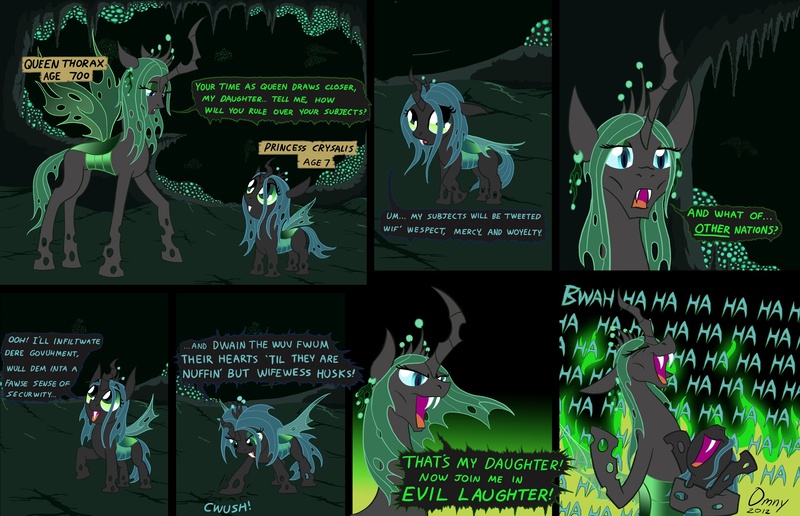 Size: 1950x1257 | Tagged: safe, artist:omny87, derpibooru import, queen chrysalis, changeling queen oc, oc, oc:queen thorax, changeling, changeling queen, nymph, comic, cute, cutealis, dialogue, duo, duo female, evil laugh, eyes closed, fangs, female, filly, glare, hilarious in hindsight, image, jpeg, laughing, mother and daughter, open mouth, parent, raised hoof, signature, slice of life, smiling, smirk, stomping, young, younger