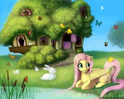 Size: 1000x800 | Tagged: dead source, safe, artist:laurenmagpie, derpibooru import, fluttershy, butterfly, pegasus, pony, rabbit, female, fluttershy's cottage, mare, photoshop, pond, prone, solo, water