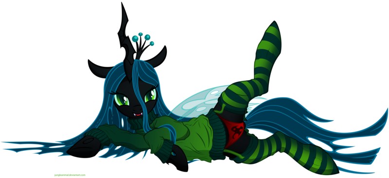 Size: 10906x4984 | Tagged: suggestive, artist:illuminatiums, derpibooru import, queen chrysalis, changeling, changeling queen, absurd resolution, clothes, cute, cutealis, deviantart link, female, heart, heart print underwear, image, looking at you, lounging, panties, png, red underwear, show accurate, show accurate porn, side, simple background, smiling, socks, solo, solo female, striped socks, sweater, transparent background, underwear, vector