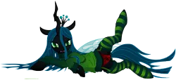 Size: 10906x4984 | Tagged: suggestive, artist:illuminatiums, derpibooru import, queen chrysalis, changeling, changeling queen, absurd resolution, clothes, cute, cutealis, deviantart link, female, heart, heart print underwear, image, looking at you, lounging, panties, png, red underwear, show accurate, show accurate porn, side, simple background, smiling, socks, solo, solo female, striped socks, sweater, transparent background, underwear, vector