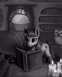 Size: 800x1000 | Tagged: dead source, safe, artist:laurenmagpie, derpibooru import, owlowiscious, twilight sparkle, pony, unicorn, book, candle, feather, female, golden oaks library, library, mare, monochrome, pen, photoshop, quill, unicorn twilight