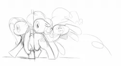 Size: 1600x900 | Tagged: safe, artist:envy, derpibooru import, fluttershy, pinkie pie, earth pony, pegasus, pony, bump, duo, duo female, fat, fattershy, female, mare, monochrome, obese, sketch, stuck, tripping