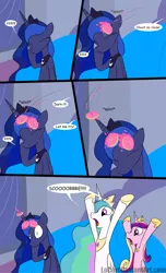 Size: 800x1315 | Tagged: safe, artist:loceri, derpibooru import, princess cadance, princess celestia, princess luna, alicorn, pony, :o, alicorn triarchy, cheering, comic, couch, dialogue, donut, eyes closed, female, hoopla, horn grab, mare, open mouth, prank, quoits, ring toss, sibling teasing, sillestia, sitting, sleeping, slice of life, waking up, wide eyes, zzz