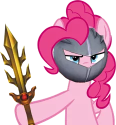 Size: 798x861 | Tagged: safe, derpibooru import, pinkie pie, earth pony, pony, female, kirby, mare, mask, meta knight, solo, sword, weapon