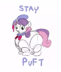 Size: 550x650 | Tagged: safe, artist:envy, derpibooru import, sweetie belle, pony, unicorn, crossover, female, filly, ghostbusters, marshmallow, simple background, solo, stay puft marshmallow man, stay puft marshmallow mare, sweetie belle is a marshmallow too, wheelie belle, white background