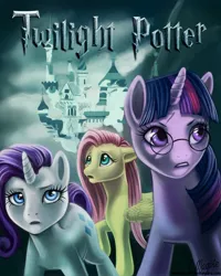 Size: 900x1125 | Tagged: dead source, safe, artist:laurenmagpie, derpibooru import, fluttershy, rarity, twilight sparkle, pegasus, pony, unicorn, canterlot, crossover, female, harry potter, hermione granger, mare, photoshop, ron weasley