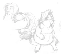 Size: 379x336 | Tagged: artist needed, safe, derpibooru import, fluttershy, pegasus, pony, belly, chubby cheeks, fat, fattershy, female, mare, monochrome, obese, sitting, sketch, solo