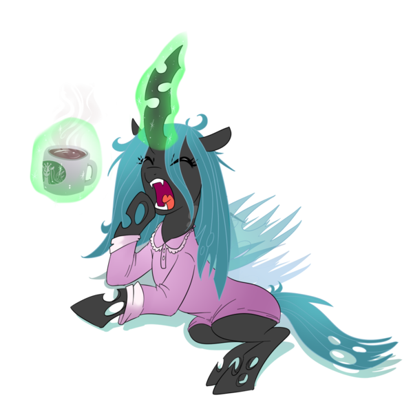 Size: 1000x1000 | Tagged: safe, artist:madmax, derpibooru import, queen chrysalis, changeling, changeling queen, clothes, coffee, drink, female, glowing horn, horn, image, levitation, magic, messy mane, morning ponies, mug, nightgown, pajamas, png, side, simple background, solo, telekinesis, transparent background, yawn