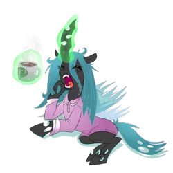 Size: 1000x1000 | Tagged: safe, artist:madmax, derpibooru import, queen chrysalis, changeling, changeling queen, clothes, coffee, drink, female, glowing horn, horn, image, levitation, magic, messy mane, morning ponies, mug, nightgown, pajamas, png, side, simple background, solo, telekinesis, transparent background, yawn