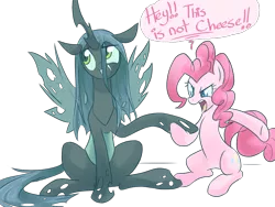 Size: 1200x900 | Tagged: safe, artist:chingilin, derpibooru import, pinkie pie, queen chrysalis, changeling, changeling queen, earth pony, pony, cheeselegs, dialogue, duo, duo female, eyeroll, fangs, female, image, mare, png, simple background, sitting, speech bubble, transparent background