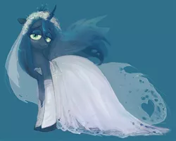 Size: 1000x800 | Tagged: dead source, safe, artist:technaro, derpibooru import, queen chrysalis, changeling, changeling queen, blushing, bride, clothes, corpse bride, dress, female, image, jpeg, lidded eyes, looking at you, simple background, smiling, solo, standing, the corpse bride, tim burton, wedding dress