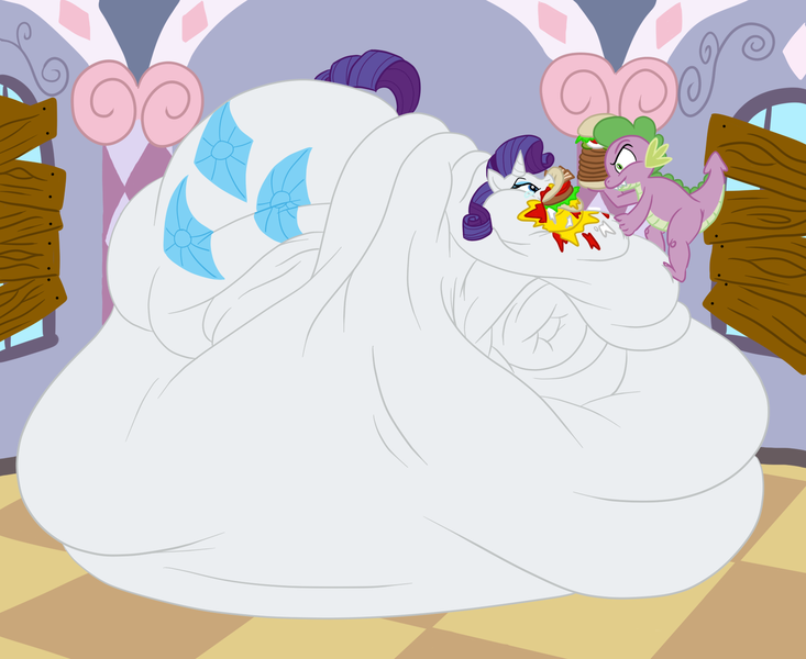 Size: 1600x1309 | Tagged: questionable, artist:guyfuy, derpibooru import, rarity, spike, dragon, pony, unicorn, belly, belly bed, bingo wings, blob, burger, carousel boutique, chubby cheeks, fat, female, femsub, flabby chest, force feeding, immobile, impossibly large belly, impossibly obese, male, maledom, mare, morbidly obese, multichin, neck roll, obese, ponies eating meat, prone, rariblob, raritubby, rolls of fat, stuffing, submissive