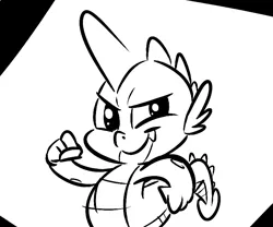 Size: 770x640 | Tagged: artist:tess, dead source, derpibooru import, dragon, male, monochrome, safe, smiling, solo, spike