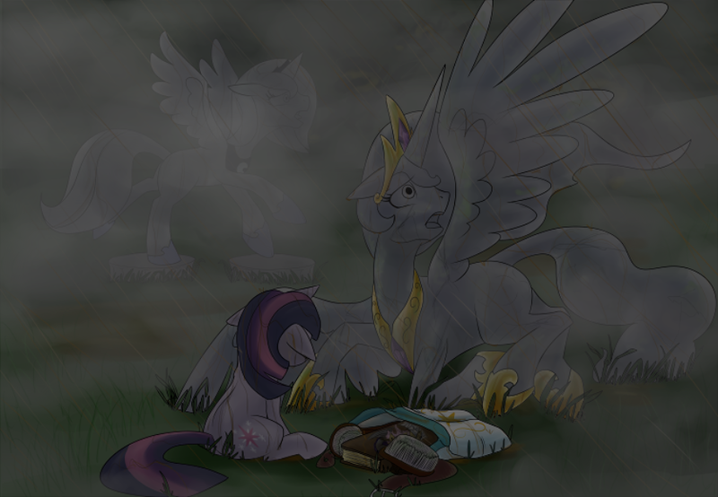 Size: 904x626 | Tagged: safe, artist:imp-oster, derpibooru import, princess celestia, princess luna, twilight sparkle, alicorn, pony, unicorn, book, brush, female, floppy ears, grass, mare, petrification, rain, s1 luna, sad, sitting, statues